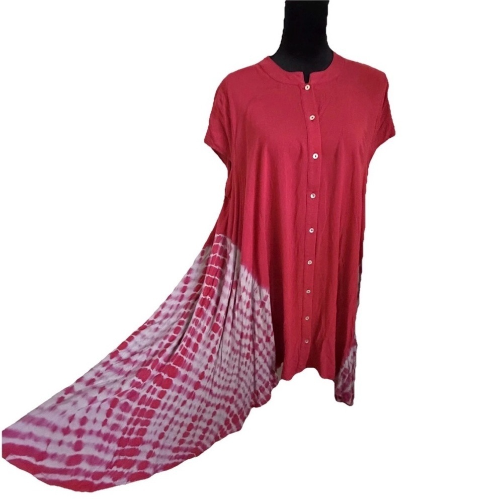 Entro Dress Womens L Red Tie Dye Button Front Swing Shirt Trapeze Boho Casual